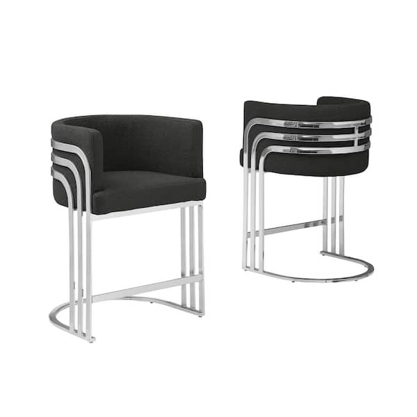 Best Quality Furniture Alana 29 in. Black Low Back Metal Frame Bar Stool With Teddy Fabric Set of 2