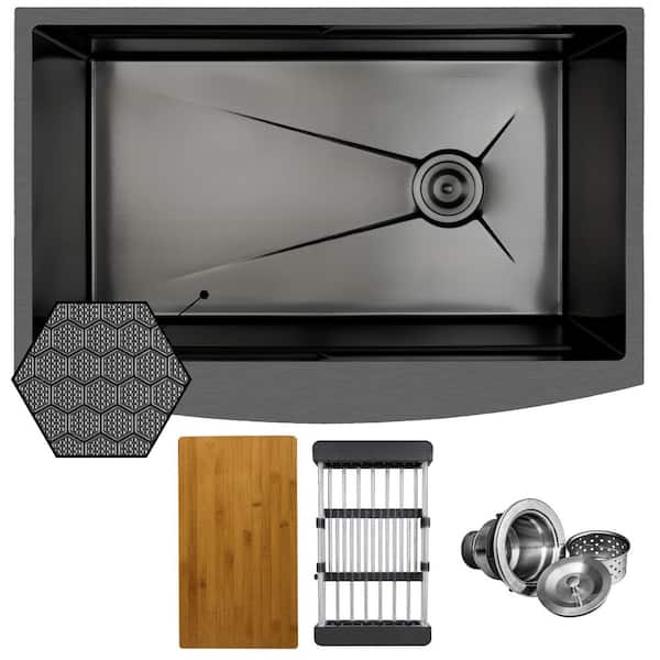 HEX 33 in. Farmhouse Apron Front Single Bowl Gunmetal Black Stainless Steel Workstation Kitchen Sink with Cutting Board