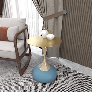 Modern Wide Side Table with Gold Stainless Steel Top Round 17.7 in. Table and Pedestal Base Savoy Series in Blue