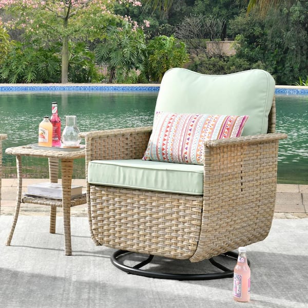 XIZZI Athena Biege 2-Piece Wicker Outdoor Patio Conversation Set with Light Green Cushions and Swivel Chairs