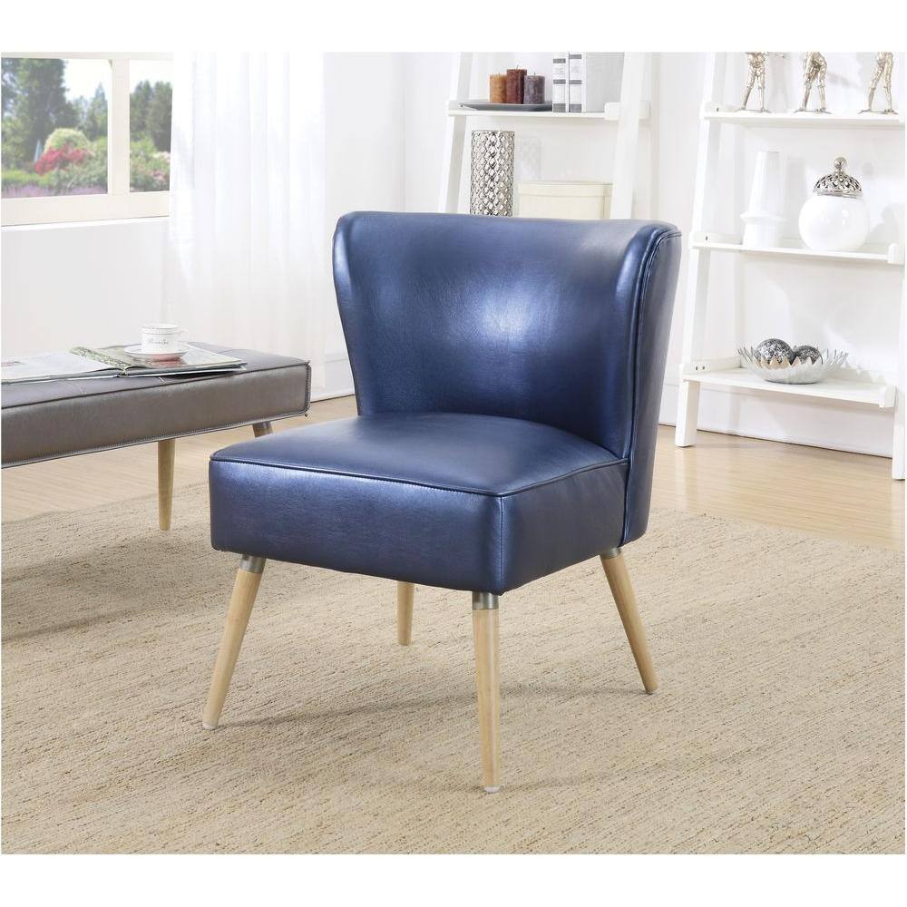 Sizzle Azure Mid-Century Modern Accent Chair in Faux Leather and Wood