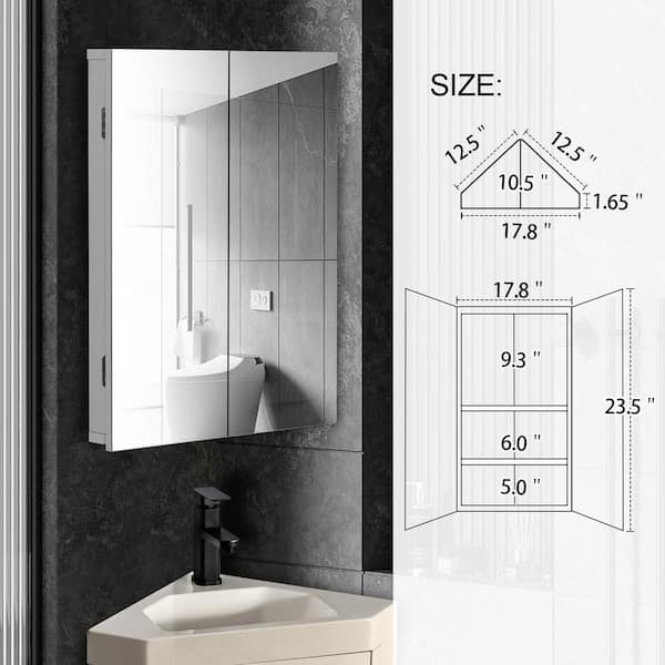 eclife 17.8 in. W x 23.5 in. H Rectangular Double Door Corner Surface Mount Frameless Medicine Cabinet with Mirror in Black