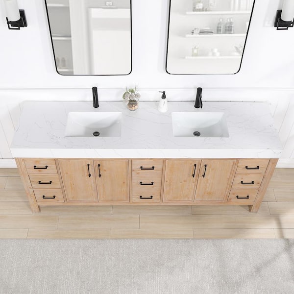 León 84 in.W x 22 in.D x 34 in.H Double Sink Bath Vanity in Fir Wood White with Grey Composite Stone Top