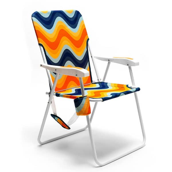 Clihome Outdoor Metal Frame Orange Wave Pattern Folding Beach Chair Lounge Chair with Side Pocket