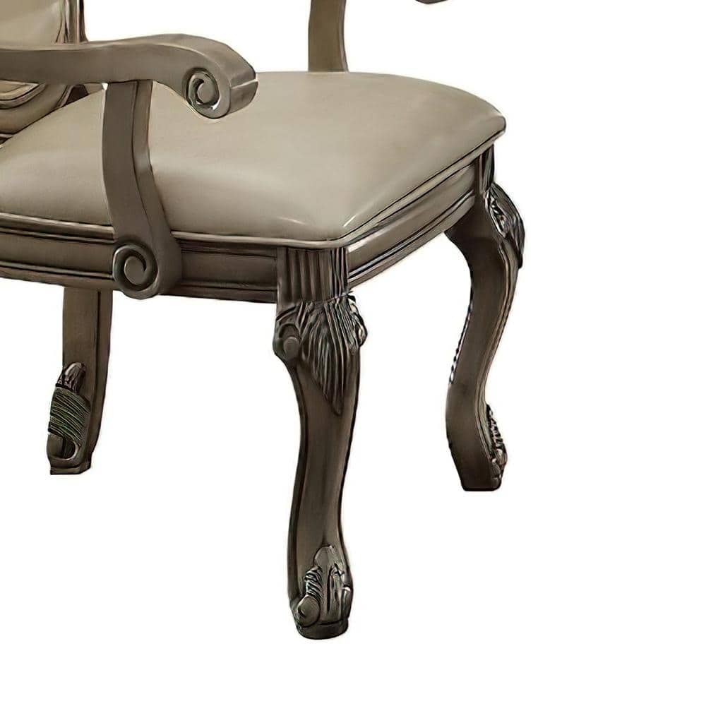 Antique White High Back Leather Arm Chair with Wood Frame