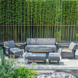 Black 7-Piece Aluminum Patio Conversation Set with Gray Cushions