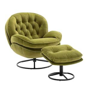Olive Green Velvet Swivel and Tufted Barrel Chair with Ottoman Set