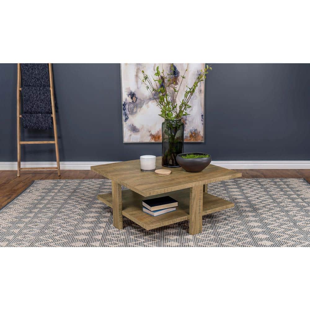Mango Wood Square Modern Cocktail Table with Shelf