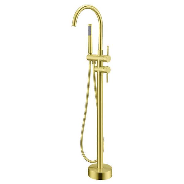 Freestanding Tub Filler Bathtub Faucet Floor Mount 360° Swivel Spout with Handheld Shower in Brushed Gold