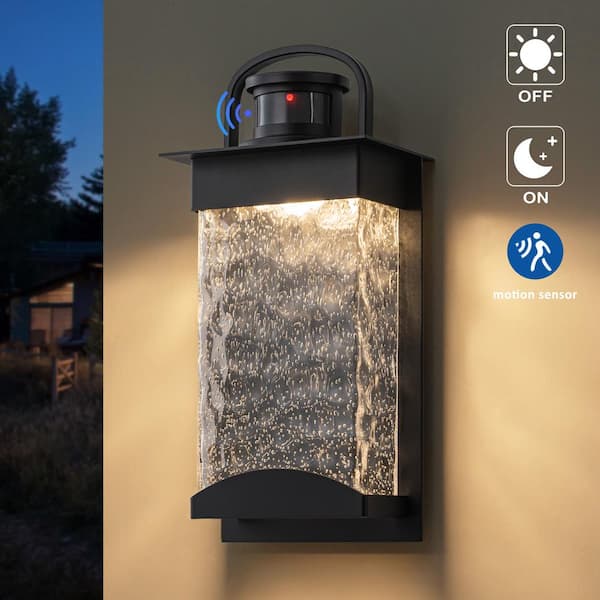 C Cattleya 13 in. Black Motion Sensing Dusk to Dawn Outdoor Hardwired Wall Lantern Sconce with Bubbled Water Glass (1-Pack)