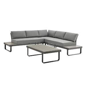 3-Piece Metal Patio Conversation Set with Gray Cushions and Coffee Table 5-Person Outdoor Sectional Seating Furniture