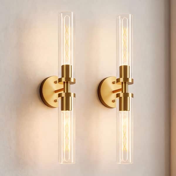 5 in. x 22 in. 2-Light Brushed Gold Wall Sconce, Clear Glass Vanity Lights(Set of 2)for Bathroom, Living Room, Bedroom
