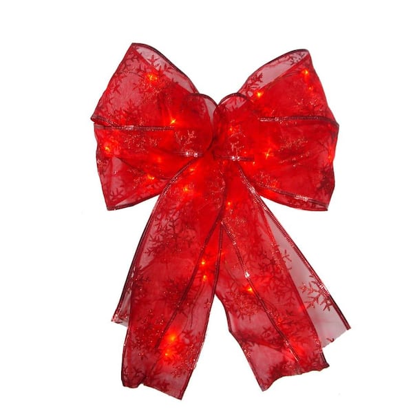 16 in. W LED Lighted Red Tinsel Christmas Bow Decoration