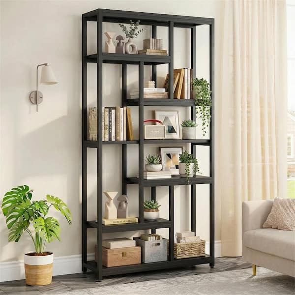 Jannelly 79 in. Tall Black Wood 7-Shelf Etagere Bookcase, Modern Bookshelf Freestanding Open Storage Shelves