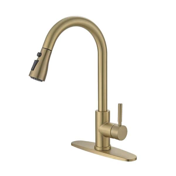 15.35 in H Single Handle Pull Out Sprayer Kitchen Faucet with Deck Plate and 360° Spout Swivel in Brushed Gold