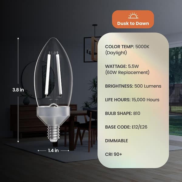 Feit Electric 60Watt Equivalent B10 E12/E26 Dusk to Dawn White