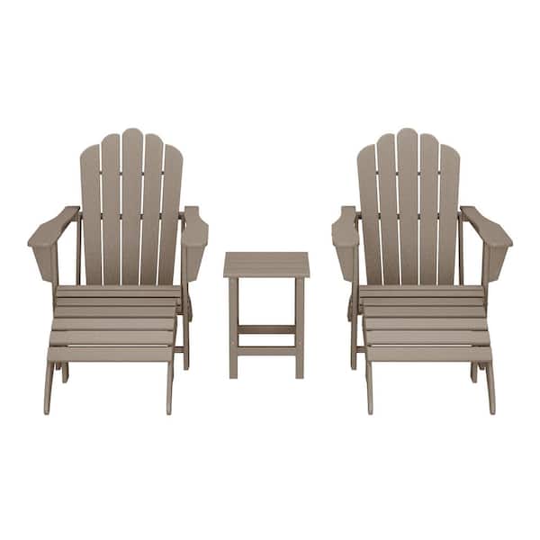 Aderson Weathered Wood 5-PC Outdoor Plastic Adirondack Chairs w/ Cupholders, Side Table, Ottoman Patio Conversation Set