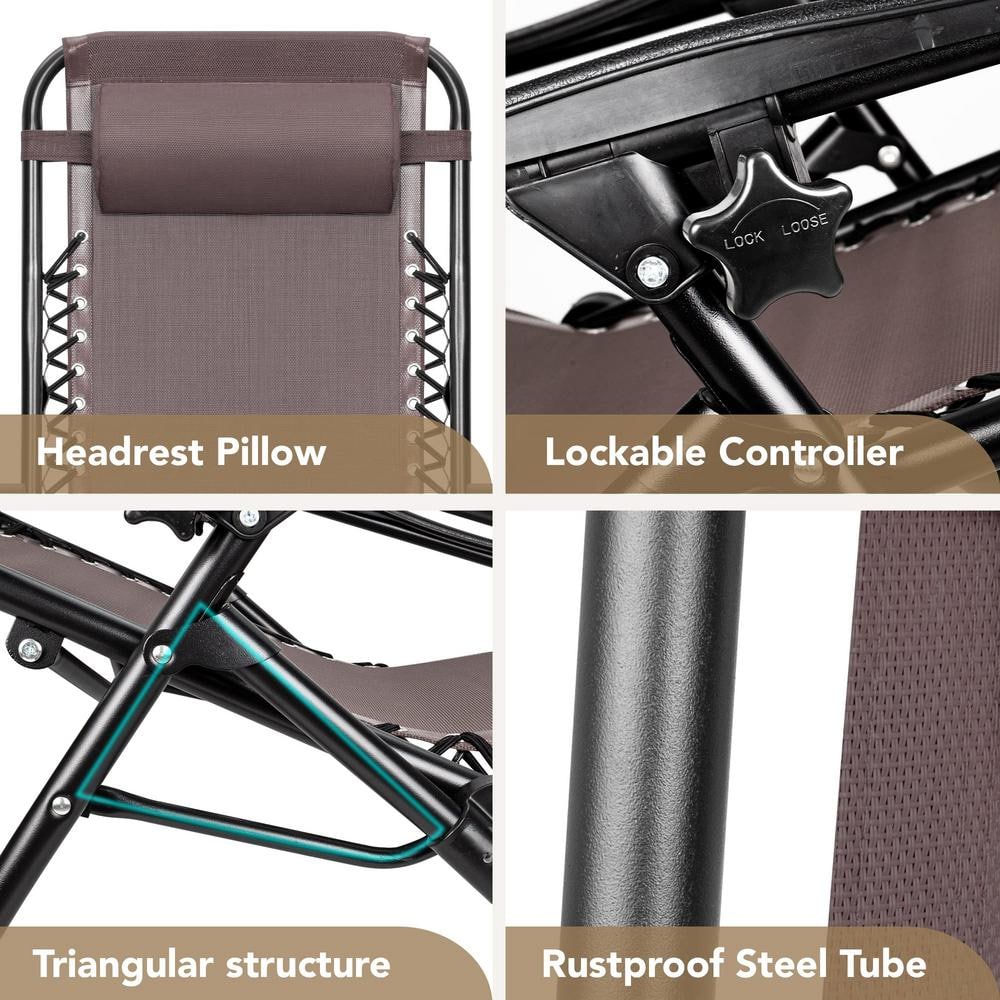 Brown Metal Zero Gravity Outdoor Lounger with Cushions and Arms
