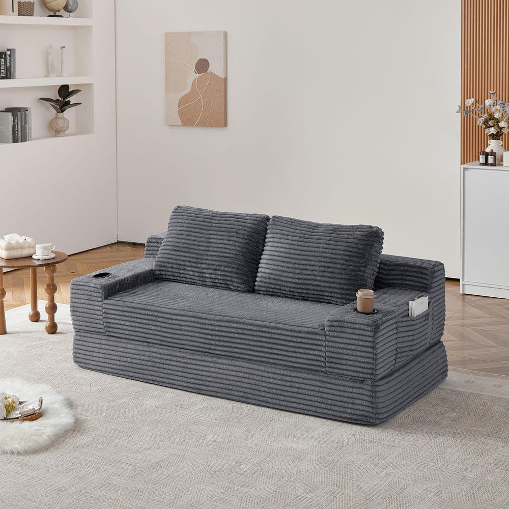 Modern 70.8 in. Square Arm Corduroy Fabric Upholstered Rectangle 2-Seater Compressed Sofa Bed in Grey with Cup Holders price history on PriceWatchPro