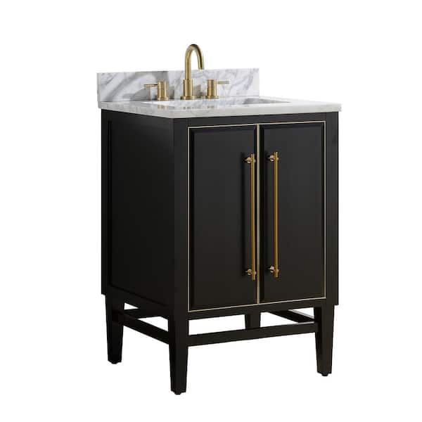 Mason 25 in. Single Sink Black with Gold Trim Bath Vanity with Carrara White Marble Top