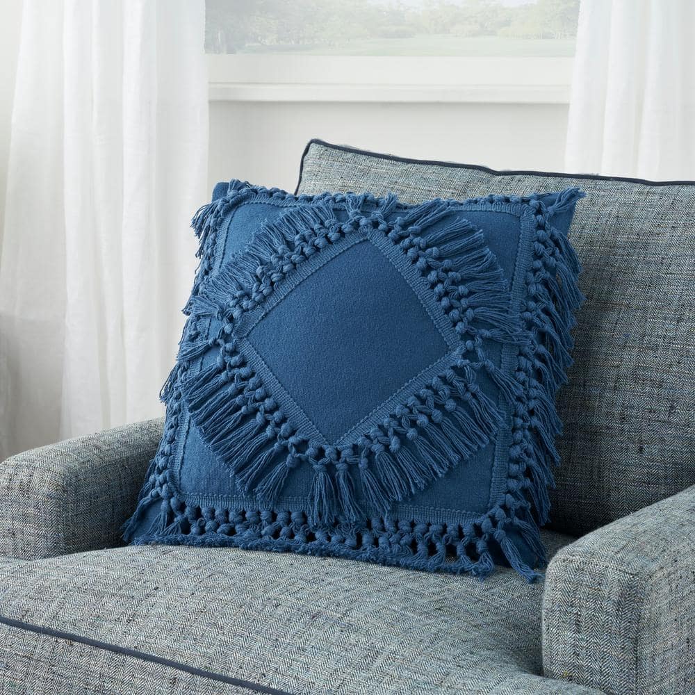 Navy Diamond Fringe 18" Square Throw Pillow