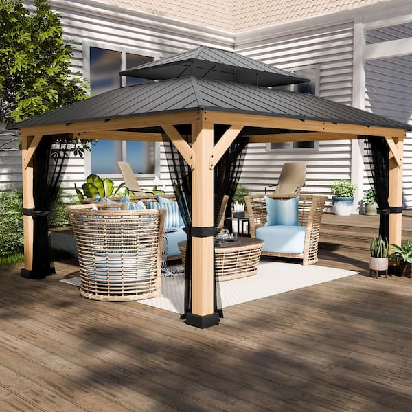 13 ft. x 11 ft. Cedar Wood Patio Gazebo with Double Galvanized Steel Roof And Mosquito Netting