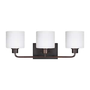 Canfield 23 in. 3-Light Burnt Sienna Minimalist Modern Wall Bathroom Vanity Light with Etched White Glass Shades