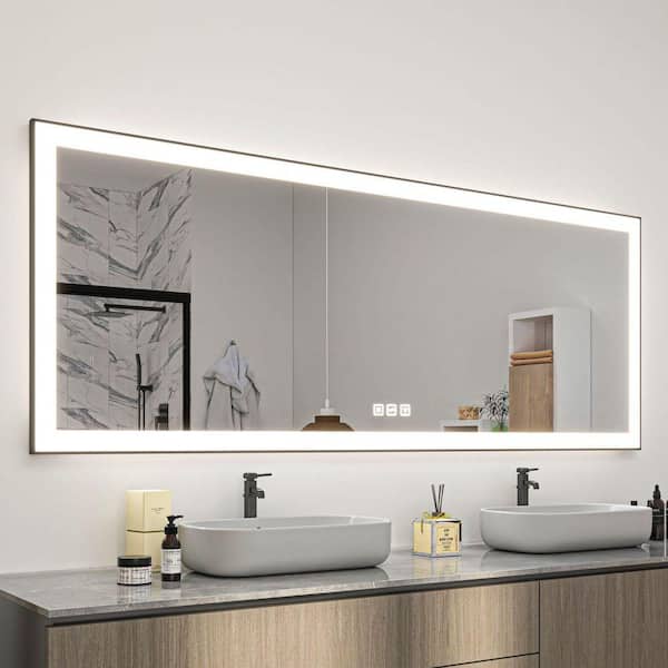 84 in. W x 40 in. H Rectangular Framed LED Anti-Fog Wall Mirror in Black with Backlit and Front Light
