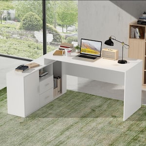 55.1"Wx29.4"H : White "L" Shape MDF Console Table with 2-Drawer, Open Shelves & Cabinet