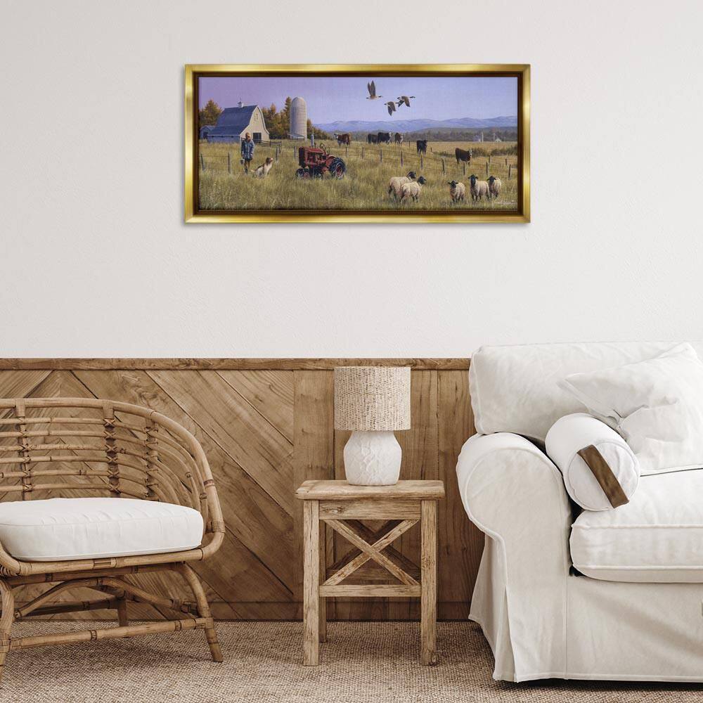 Geese Over Lush Farm Scene by Frank Parker (Young) Gold Floater Frame Nature Graphic Art Print 14 in. x 31 in. price history on PriceWatchPro