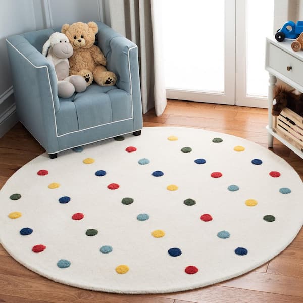 Kids 8 ft. x 8 ft. Ivory Polka-Dot Striped Round Area Rug
