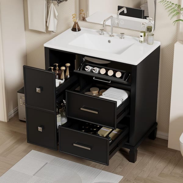 NURVIA 30 in. Single Sink Freestanding Black Bath Vanity with White Ceramic Top Unassembled