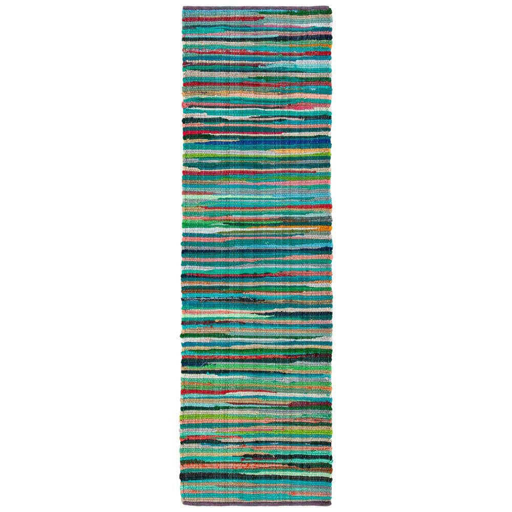 Green and Multicolor Handwoven Cotton Wool Stripe Runner Rug