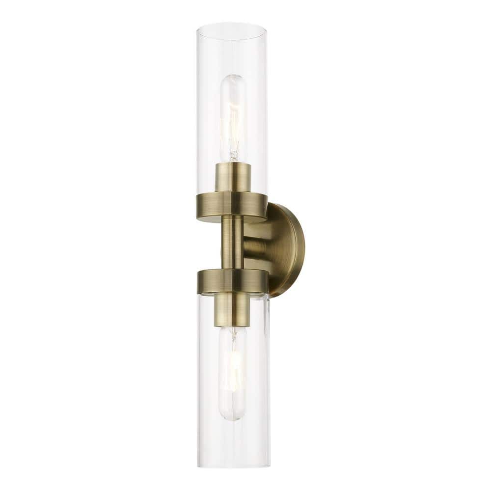 Antique Brass 2-Light Vanity Sconce with Clear Glass Shades