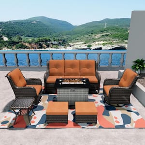 7-Piece PE Rattan Wicker Patio Conversation Set Outdoor Chairs and Fire Pit with Orange Cushion