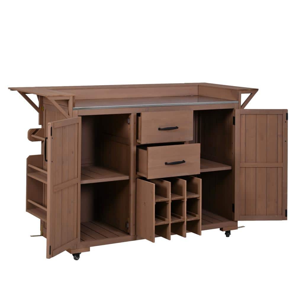 60.2 in.W Brown Wood Outdoor Kitchen Island Grill Cart with Wheels and Stainless Steel Top price history on PriceWatchPro