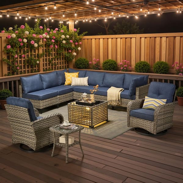 Melly Gray 10-Piece Wicker Patio Conversation Set with Denim Blue Cushions and Solar LED Coffee Table