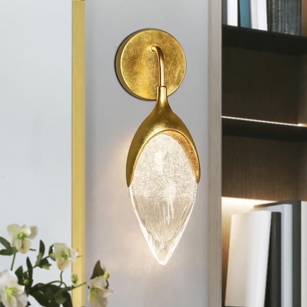LNC Vintage 1-Light Gold LED Wall Sconce Bedroom Living Room Wall Light with Teardrop Seedy Glass Antique Gold Leaf Accents