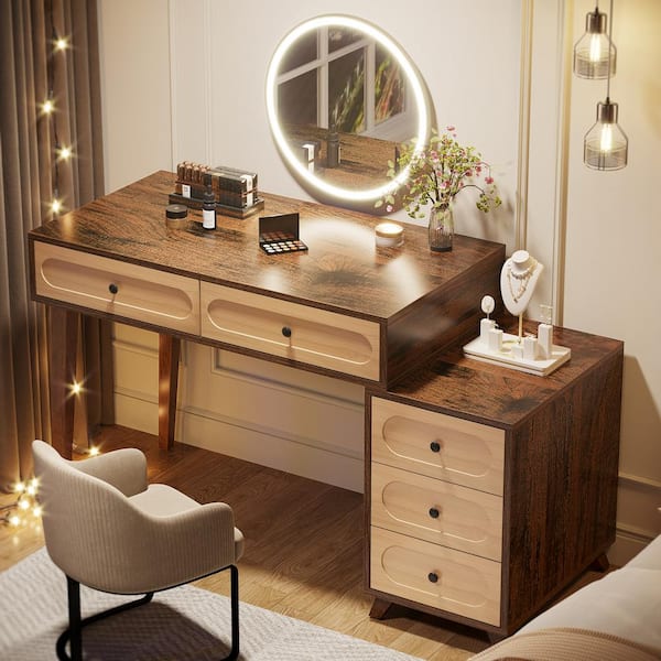 Helotes 1-Piece Brown Makeup Vanity Table with 5-Drawers for Women Girls