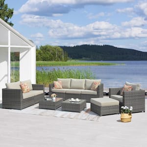 Victorie Gray 9-Piece Big Size Wicker Outdoor Patio Conversation Seating Set with Beige Cushions