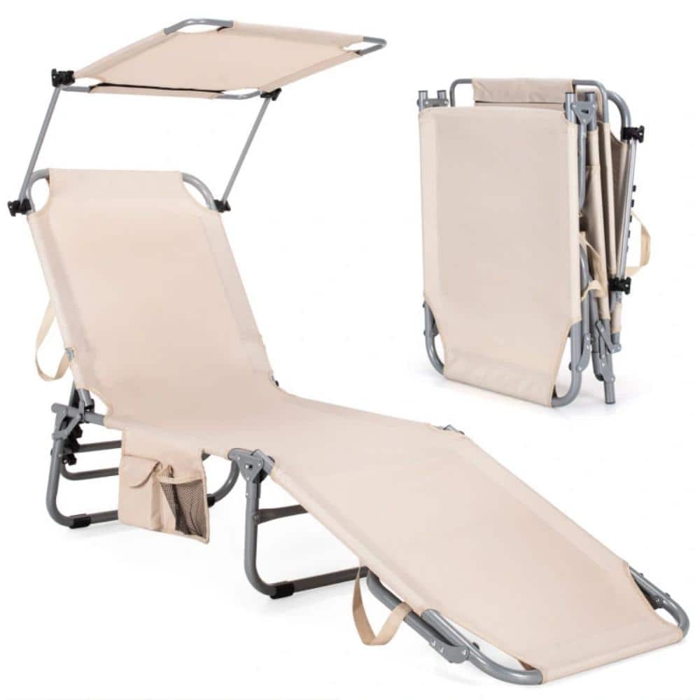 1-Piece Metal Outdoor Recliner with Canopy Shade in Beige
