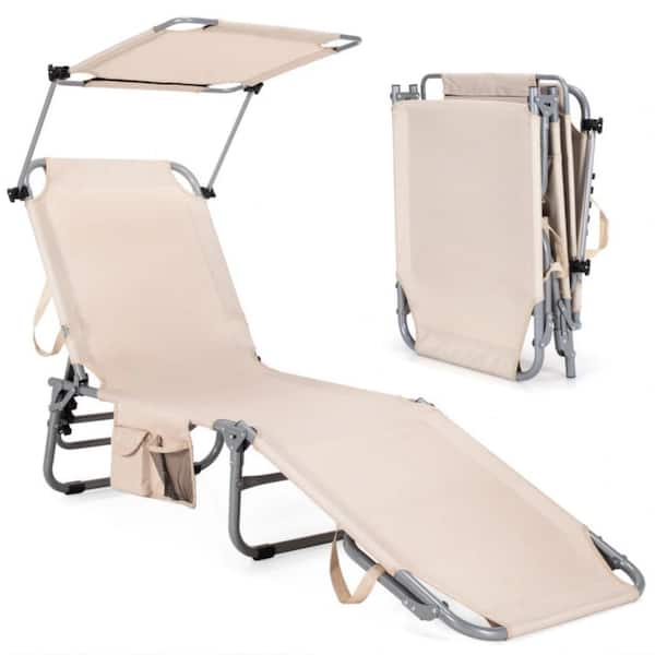1-Piece Metal Outdoor Recliner with Canopy Shade in Beige