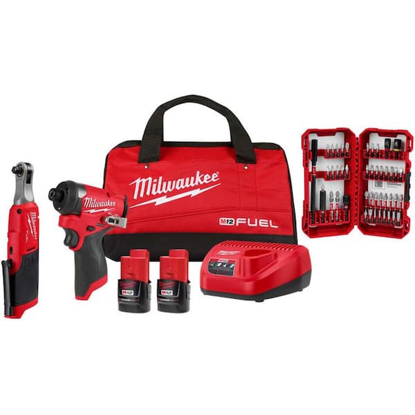 M12 FUEL 12V Lithium-Ion Cordless 3/8 in. Ratchet and 1/4 in. Impact Driver Combo Kit (2-Tool) w/Batteries, Bit Set