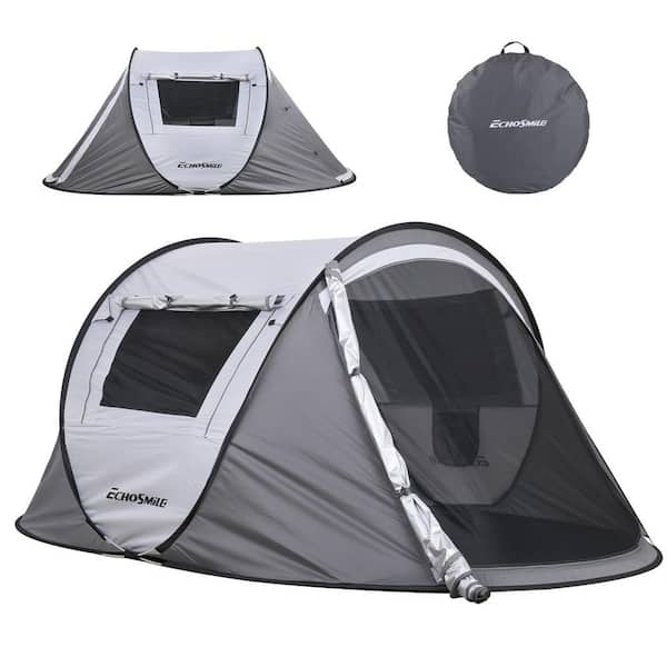 8 ft. x 4.75 ft. Gray White Pop Up Camping Tent, 2 Person Portable Instant Tent with 2 Doors and Side Mesh Windows