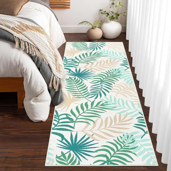 Modern Botanical Print Low Pile Washable Living Room Rug, Green, 2 ft. x 6 ft. Area Rug