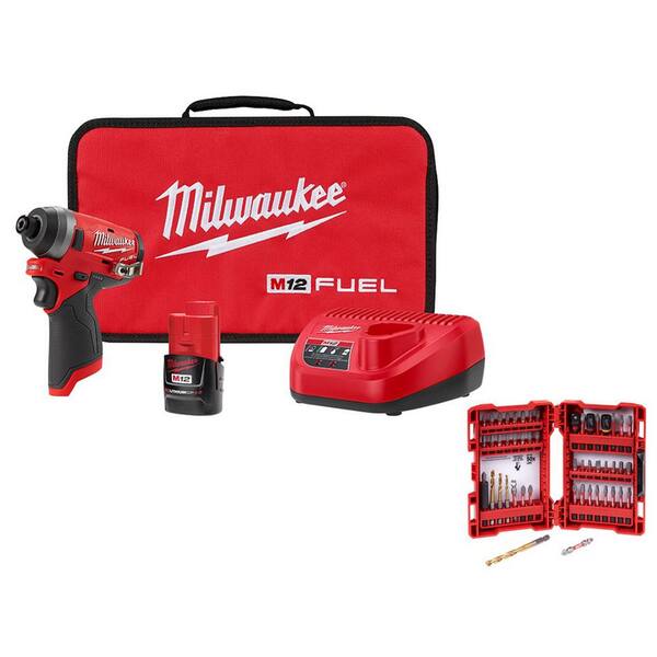 Milwaukee M12 FUEL 12V Lithium-Ion Brushless Cordless 1/4 in. Hex Impact Driver Kit with SHOCKWAVEBit Set (50-Piece)
