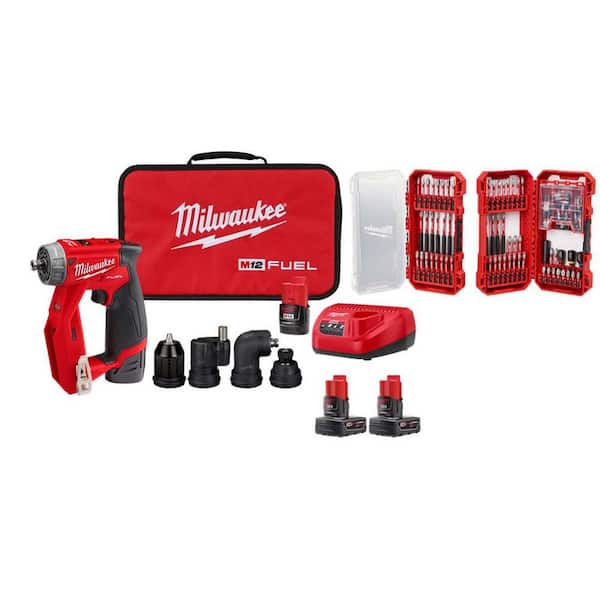 Milwaukee M12 FUEL 12V Lithium-Ion Cordless 4-in-1 Installation 3/8 in. Drill Driver Kit w (4) Batteries & 100 Pc Bit Set