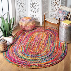 Braided Red/Multi Doormat 3 ft. x 5 ft. Oval Border Area Rug