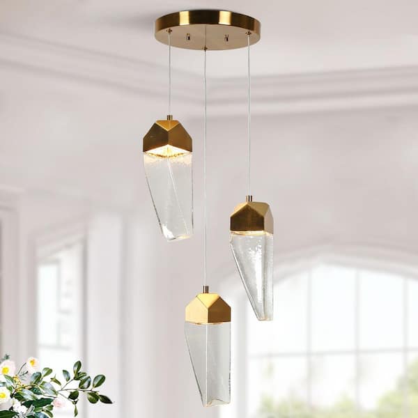 LNC Adonisior 3-Light Integrated LED Brass Cluster Chandelier with Geometric Textured Glass for Entryway Foyer Pendant