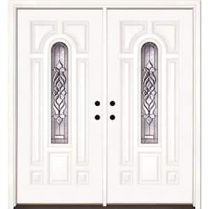 74 in. x 81.625 in. Lakewood Patina Center Arch Lite Unfinished Smooth Left-Hand Fiberglass Double Prehung Front Door